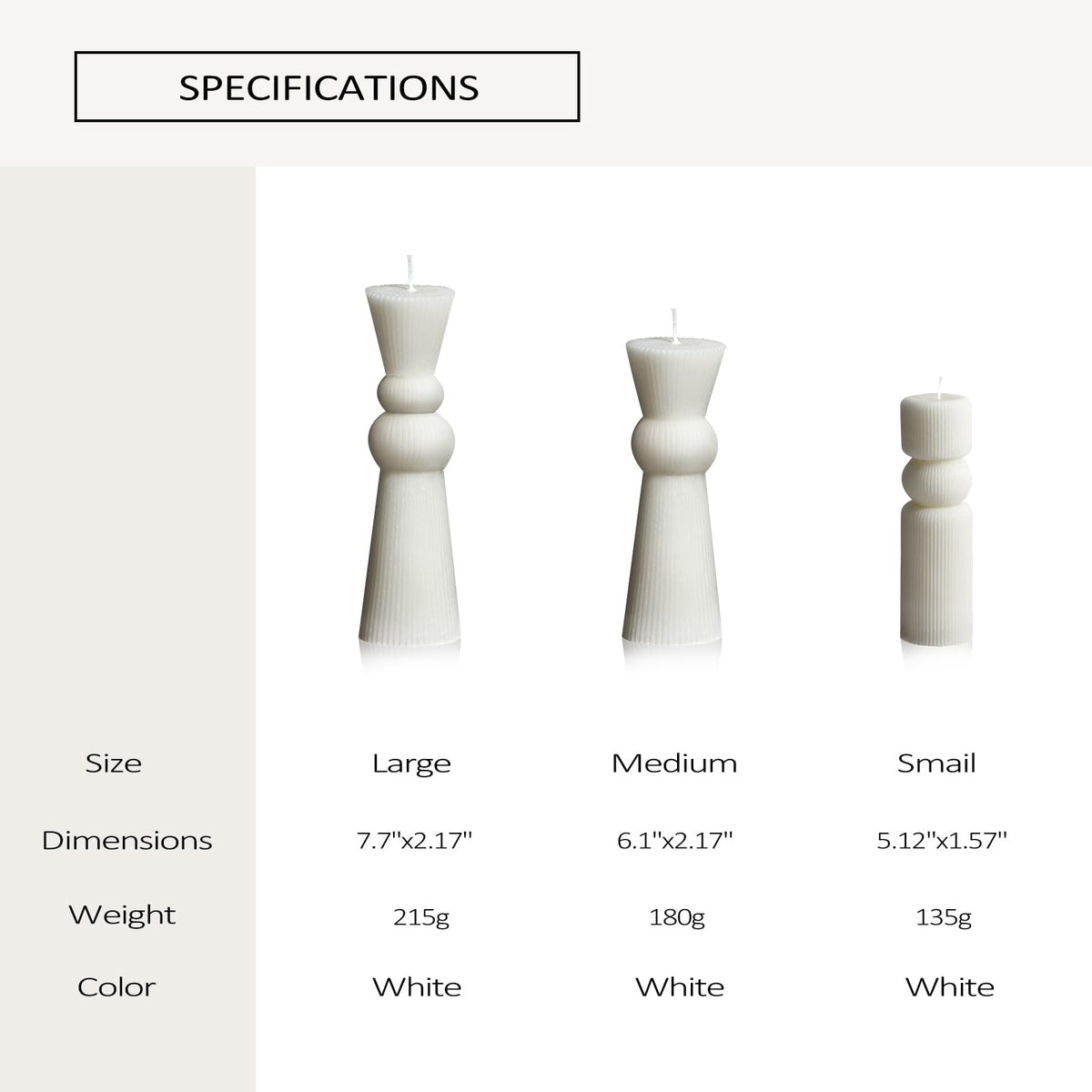 NATCENSE 3Pcs Pillar Candles Set - Handmade Ribbed Design for Modern Home Decor, Housewarming Gift, Room & Shelf Aesthetic Decoration, Long-Lasting Burning (White)