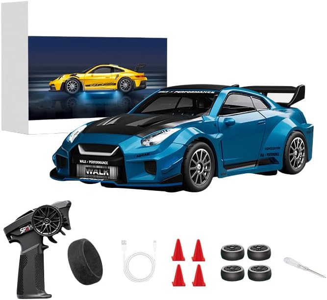 D43-02 1:43 Scale 2.4G Full Proportional 4WD Alloy RC Drift Car with Gyro System Silent Bearings Adjustable Speed &amp LED Lights for Adults High Speed Remote Control Racing Car