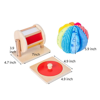 Montessori Baby Toys Play Kit - Mirror, Peekaboo, Knob Puzzle, Spinning Drum, Rainbow Ball - 6-12 Months Toddlers