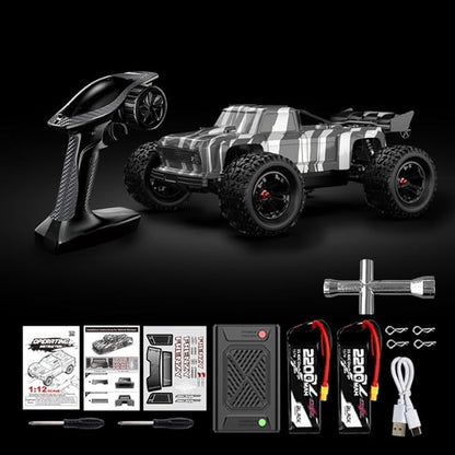 1:12 4WD RC Monster Truck Brushless Motor 70+km/h High Speed Double 3S Li-Po Battery with Balance Charger Waterproof All-Terrain Hobby Grade Remote Control Car for Adults