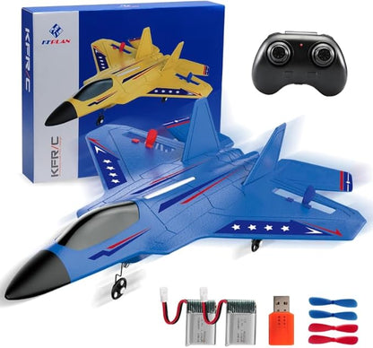 F22 RC Airplane Easy to Fly - 2.4GHz Remote Control Fighter Jet with Gyro Stabilizer &amp LED Lights 2 Batteries Foam RC Glider for Kids Boys Adults Beginners (Blue)