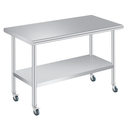  Stainless Steel Prep Table, 24 x 60 Inches Heavy Duty Commercial , with Rounded-Corner, Adjustable Undershelf and 4 Caster Wheels, Heavy Duty Work Table with Adjustable Under Shelf for Outdoor, Res