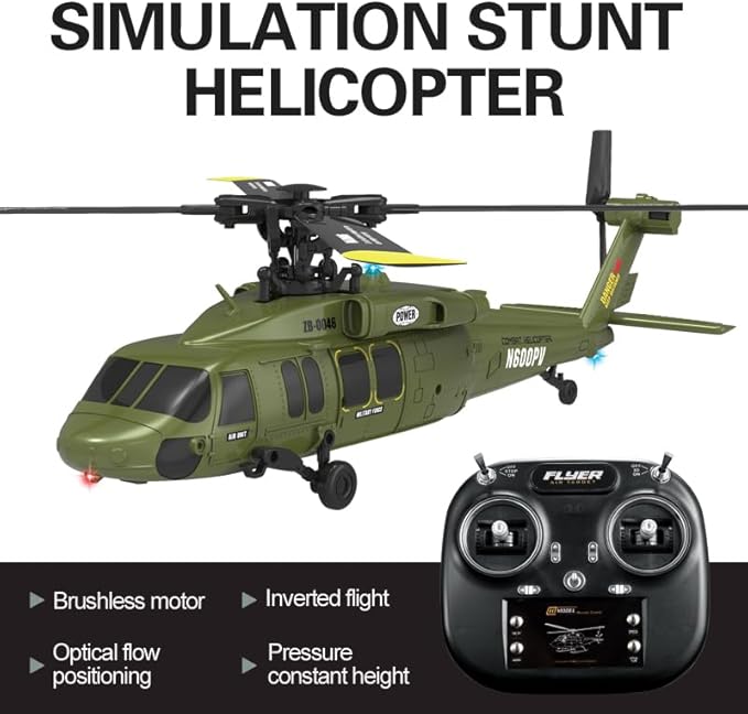 Hanll Black Hawk K200 6CH Simulation RC Helicopter with Brushless Motor Optical Flow &amp Altitude Hold One-Key Inverted Flight 2.4G Remote Control High Simulation Aerobatic Model (Green/1 Batter
