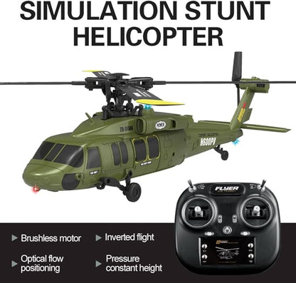 Hanll Black Hawk K200 6CH Simulation RC Helicopter with Brushless Motor Optical Flow &amp Altitude Hold One-Key Inverted Flight 2.4G Remote Control High Simulation Aerobatic Model (Green/1 Batter