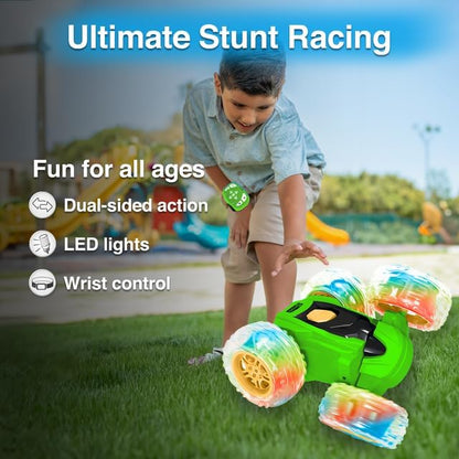 Contixo SC3A Toy Remote Control Car for Kids with Double-Sided 360° Rotating Stunt 4WD Off-Road RC Cars with LED Lights Birthday for Boys and Girls Ages 4 5 6 7 - Green