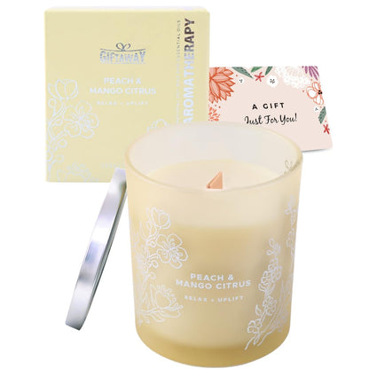 Peach Mango Citrus Candle, 10.6oz Wood Wick Soy Scented Candles for Home, Juicy Tropical Scent, Highly Scented Aromatherapy Relaxation Candle, Summer Gift for Women & Men