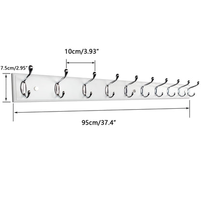 lomejii 37 Inch Long Wooden Wall Mounted Coat Rack with 10 Silver Chrome Hooks for Entryway and Bedroom to Hang Coats, Hats - Heavy Duty Hooks School Bag