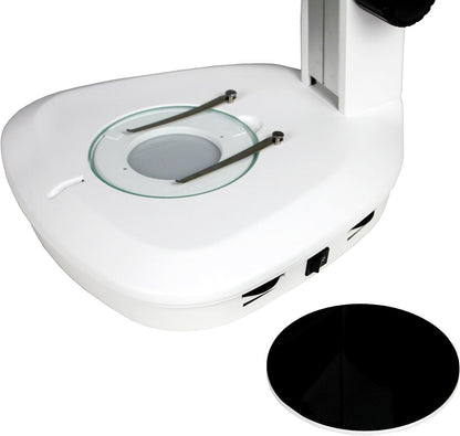 Vision Scientific VS-2FZ Trinocular Zoom Stereo Microscope, 0.7X—4.5X Zoom Range, 3.5X—90x Magnification Range, 0.5X & 2X Auxiliary Lens, Dual LED Illumination, Track Stand