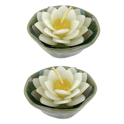 Set of 2 Lotus Flower Candle in Ceramic Bowl 3" – Handmade Floating Lotus Tealight for Spa, Meditation, Home Decor, Relaxation, Gift
