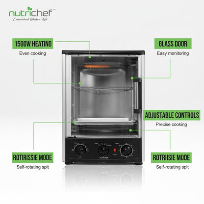 NutriChef Multi-Function Rotisserie Countertop Oven | 24 Quart Vertical Glass Door Convection Oven, for Rotisserie Roasting & Broiling | Timer & Temperature Control | 13.4 x 12.2 x 18.9