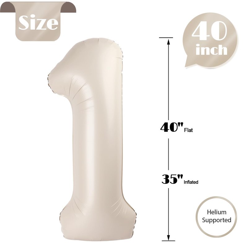 Cream Number 1 Balloon 40 Inch, 1st Birthday Balloon for Baby Boy Girl Toddler First Birthday Decorations, Shiny Cream Party Supplies