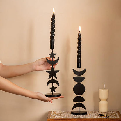 Iron Taper Candle Holder Matte Black Tall Star Moon Candlestick Holders Decorative Candle Stand Candlestick Holder for Wedding, Dining Table, Party Home Decoration (A)