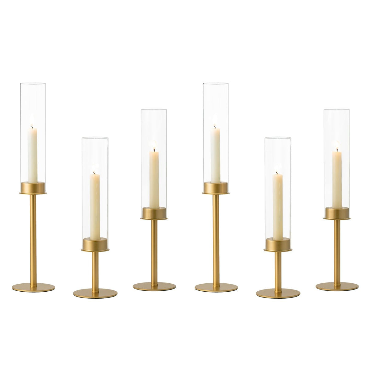 Hewory Gold Candle Holders - 6Pcs Brass Hurricane Candlestick Holders with Glass Candle Cover for Wedding Table Centerpiece Christmas Decor