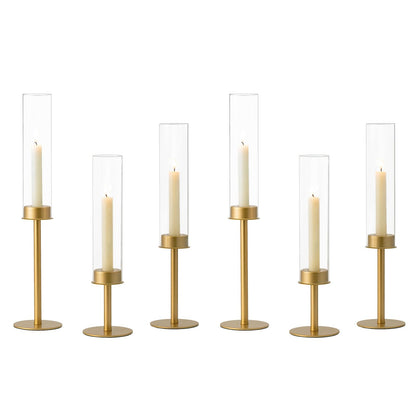 Hewory Gold Candle Holders - 6Pcs Brass Hurricane Candlestick Holders with Glass Candle Cover for Wedding Table Centerpiece Christmas Decor