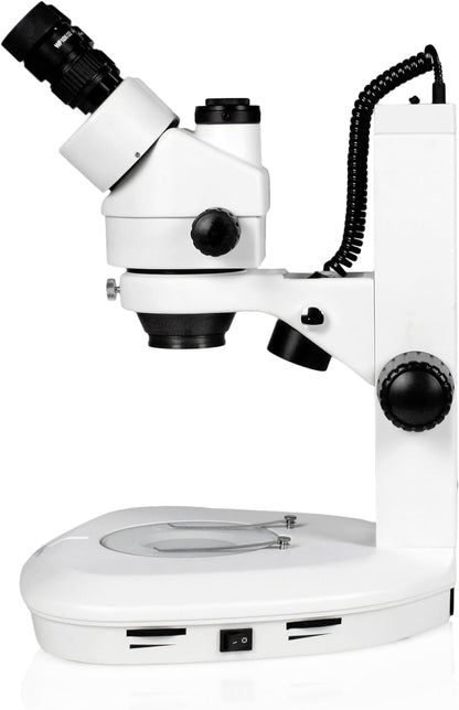 Vision Scientific VS-2FZ Trinocular Zoom Stereo Microscope, 0.7X—4.5X Zoom Range, 3.5X—90x Magnification Range, 0.5X & 2X Auxiliary Lens, Dual LED Illumination, Track Stand
