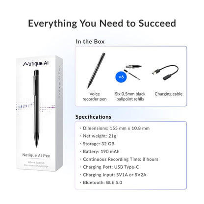 Notique AI Pen | Pocket AI Voice Recorder | Audio Recorder | Discreet Recording Device | AI Summarize & Transcribe for Multi-File & Meeting Timeline | No Monthly Fees