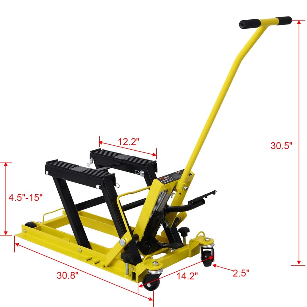 SLifet Hydraulic Motorcycle Lift Jack, 1500 LBS Capacity Foot-Operated Motorcycle Lift Table, ATV Scissor Lift Jack with 4.5" - 15" Lifting Range, Portable Motorcycle Lift Table with Wheels Yellow
