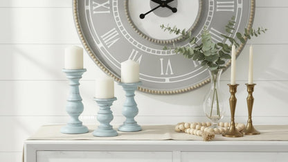 Decorative Light Blue Wood Turned Style Pillar Candle Holder with Distressed Finish, Set of 3 6", 8", 10" H, Light Blue