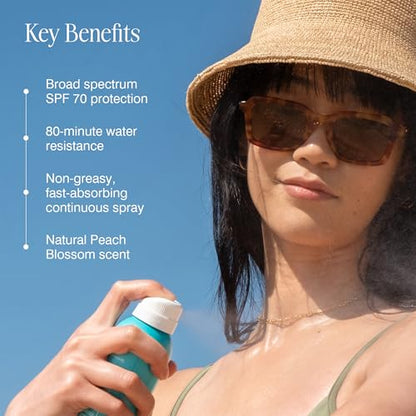 COOLA Organic Sunscreen SPF 70 Sunblock Spray, Dermatologist Tested Skin Care for Daily Protection, Vegan and Gluten Free, Peach Blossom, 6 Fl Oz