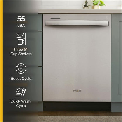Whirlpool 24 Inch Fully Integrated Dishwasher with 14 Place Setting Capacity, 5 Wash Cycles, 55 dBA, Sani-Rinse, Quick Wash and Eco Series: Fingerprint Resistant Stainless Steel