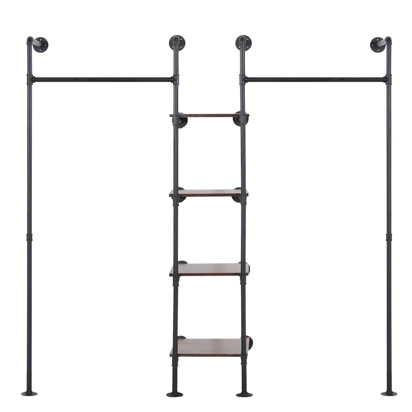 EDCB Wall Mounted Industrial Pipe Heavy Duty Clothes Rack, Clothing Rods for Hanging Clothes, Freestanding Clothing Rack with 2 Hang Rods & 4 Shelves, 72.8" W x 17.7" D x 71" H