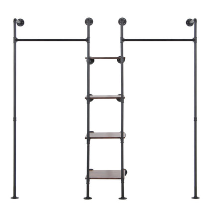 EDCB Wall Mounted Industrial Pipe Heavy Duty Clothes Rack, Clothing Rods for Hanging Clothes, Freestanding Clothing Rack with 2 Hang Rods & 4 Shelves, 72.8" W x 17.7" D x 71" H