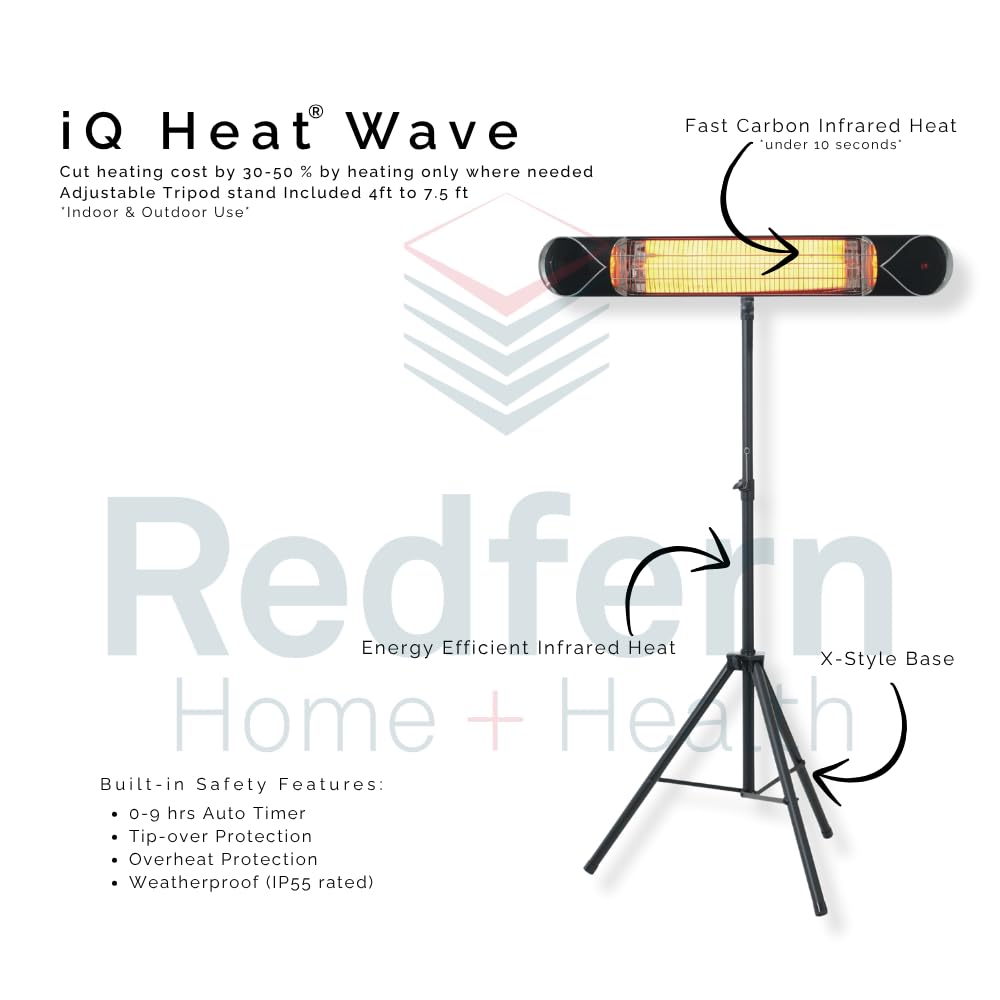 iQ Heat Wave 1500W Carbon Infrared Heater - Indoor/Outdoor Weatherproof Electric Heater with Tripod Stand and Remote - Experience Next-Level, Efficient Heating