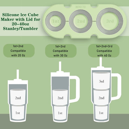 NOXETU Ice Mold for Stanley Cup 30/40 Oz - Easy Fill and Release Without Touching Ice, Silicone Ice Cube Tray with Clear Lid and Bin for Freezer, Whiskey, Cocktail (Green)