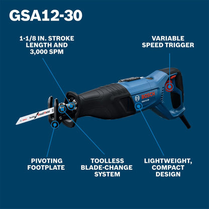 BOSCH GSA12-30 Corded Reciprocating Saw - 12 Amp Power, 1-3/16 In Stroke Length, Variable Speed Control, Tool-Free Blade Change, Lightweight Design for Easy Maneuverability (Bare Tool)