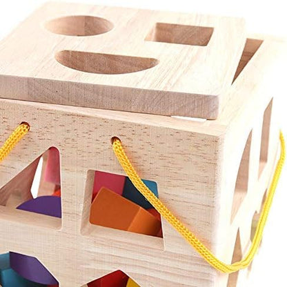 QZMTOY Shape Sorter Toys with 19 Shape Blocks Classic Wooden Toys for Toddlers Kids Gift for Girls Boys 2-4 (Natural Solid Wood)