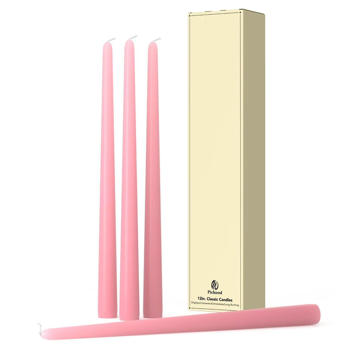 Pickood 12-Inch Tall Dripless Taper Candles Set of 4 - Pink Tapered Candles, Perfect for Spring - Smokeless, Unscented, Long Burning - Hand Poured, Colored Tall Candlesticks - Light Pink