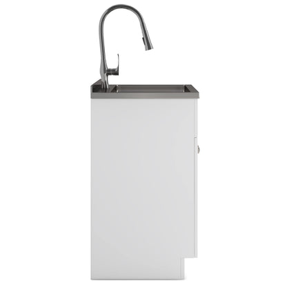 SIMPLIHOME Beckham All-in-One 24 inch Wide Utility Sink and Laundry Cabinet in Pure White Finish, Transitional Stainless Steel Sink Cabinet for Laundry Rooms with High-Arch Brushed Nickel Faucet