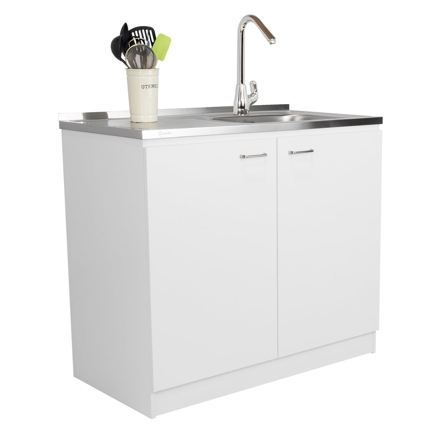 Tuhome Napoles Utility Sink Base Cabinet with Integrated Stainless Steel Countertop, Freestanding Cabinet with Double Doors, Interior Shelf for Laundry Room, Utility Room, Mudroom or Kitchen