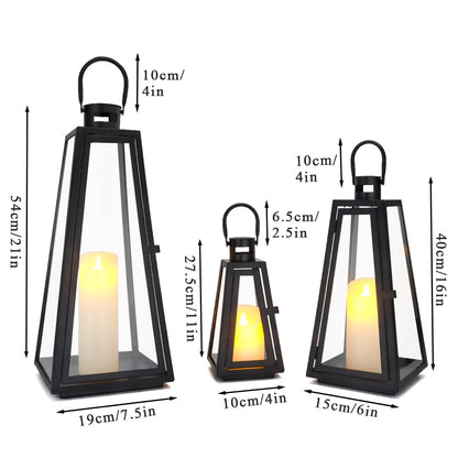TRIROCKS Set of 3 Decorative Candle Lantern 11/16/21''H Metal Outdoor Candle Holder Hanging Lantern with Tempered Glass for Christmas Home Living Room Parties Event Indoors Outdoors (Black Triangle)