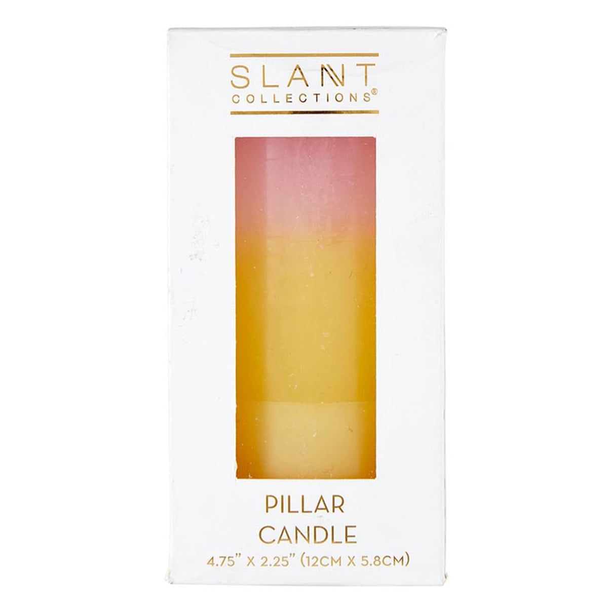 Slant Collections Tri-Colored Unscented Pillar Candle, 4.75-Inch, Pink/Yellow/White