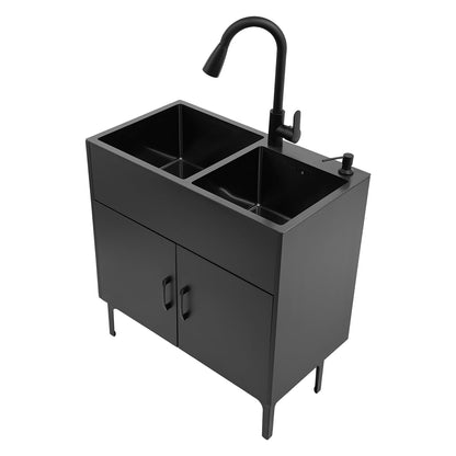 30-Inch Laundry Sink with Cabinet and Pull-Out Faucet, Stainless Steel Utility Sink with Cabinet, Freestanding Kitchen Sink Cabinets for Laundry & Utility Room Kitchen Bathroom