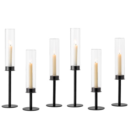 Hewory Black Candlestick Holders Hurricane Candle Holder, 6Pcs Candle Stick Candle Holder Candelabra, Taper Candle Holders with Glass Candle Cover for Wedding Table Centerpiece Christmas Decor
