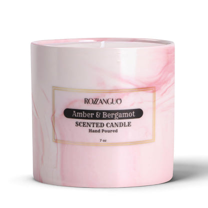 Rozzanguo Luxury Marble Jar Scented Candle | Women Men | Non Toxic 100% Natural Coconut & Soy Wax Blend Cotton Wick | Hand Poured Highly Scented Long Lasting (Amber & Bergamot, 7 Ounces)