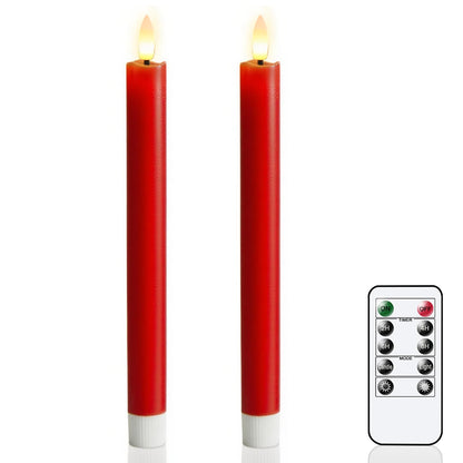 GenSwin Flameless Taper Candles with 10-Key Remote Timer, Set of 2 Red Real Wax LED Taper Candles Battery Operated, Flameless Candlesticks with 3D Wick for Halloween Christmas Decor(0.78” x 9.6”)