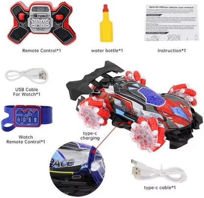 Gesture Sensing RC Stunt Car with Lights &amp Music Hand Gesture Remote Control Toy with 360° Spins Mist Spray (Red)