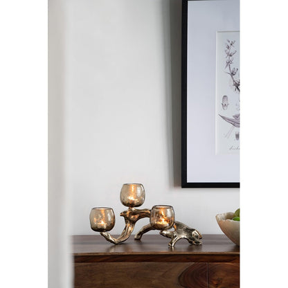 Modern Gold Multi Votive Candle Holder with Textured Glass Cups, Branch-Inspired Aluminum Candle Stand for Tabletop Dining Mantel Shelf Décor, 15.7 Inch