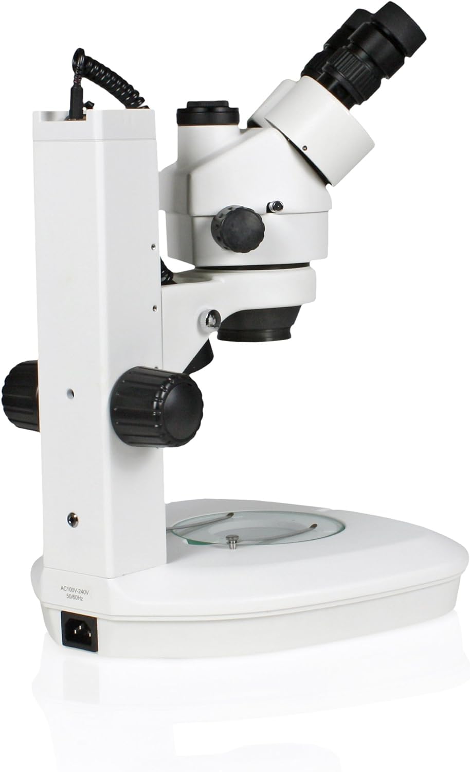Vision Scientific VS-2FZ Trinocular Zoom Stereo Microscope, 0.7X—4.5X Zoom Range, 3.5X—90x Magnification Range, 0.5X & 2X Auxiliary Lens, Dual LED Illumination, Track Stand
