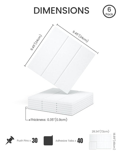 Felt Bulletin Board Tiles -28"x18" with 40 Adhesive Tabs, Cork Board Alternative for Office Decor, Push Pin Board Wall Organizer 6-Pack (Cold White)