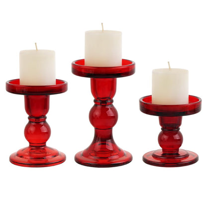 BTGLLAS 3-Piece Set of Red Glass Candlestick, Crystal Candlestick Holder Holder and Conical Candle, Christmas Candle Holder Decoration, Family Living Room Wedding Candle Holder (red1set)