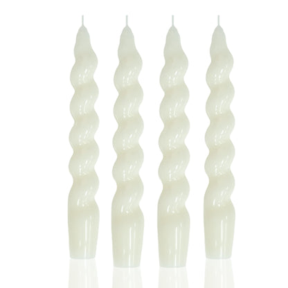 MAITREYA White Spiral Taper Candles - Conical Stick Candles, Handmade Twisted - Set of 4 for Decoration, Weddings, Party, Church - Unscented, Dripless, 7.5 inch