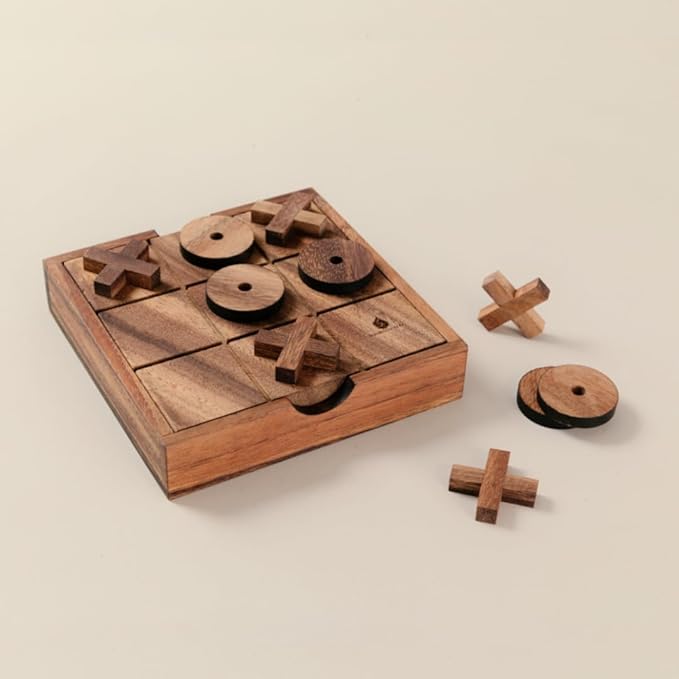 Wooden Tic Tac Toe (XOXO) Game – Handmade 2-Player Strategy Board Game – Travel Size Rustic Tabletop Decor – Sustainable Wood Gift for Adults Kids Couples Family (Classic)