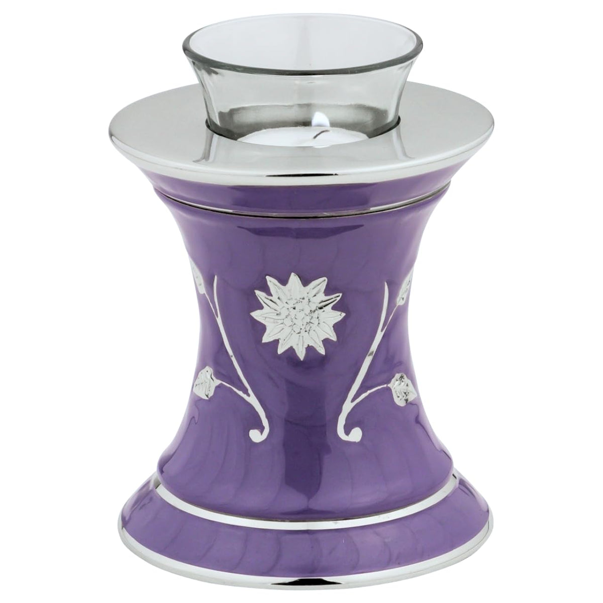 Grace Lavender Blue Tealight Cremation Urn for Ashes, Brass Memorial Candle, Purple and Silver, Extra Small Sized Cremation Urn, 5.5 Inches High
