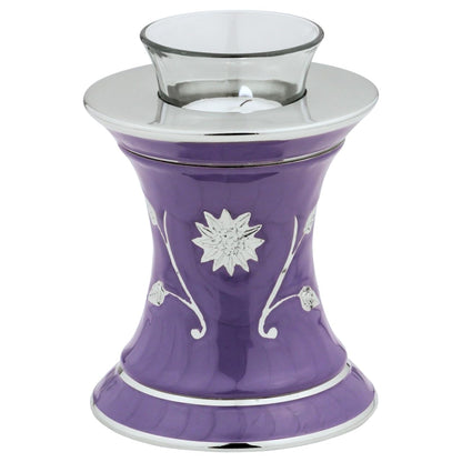 Grace Lavender Blue Tealight Cremation Urn for Ashes, Brass Memorial Candle, Purple and Silver, Extra Small Sized Cremation Urn, 5.5 Inches High