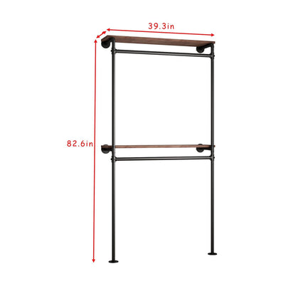 DR.IRON Industrial Pipe Clothing Racks with 2 Tier Shelves, Wall Mounted Black Clothes Rack with Double Hanging Rods Heavy Duty Garment Storage Rack Display Racks Rod for Clothes,Laundry Room