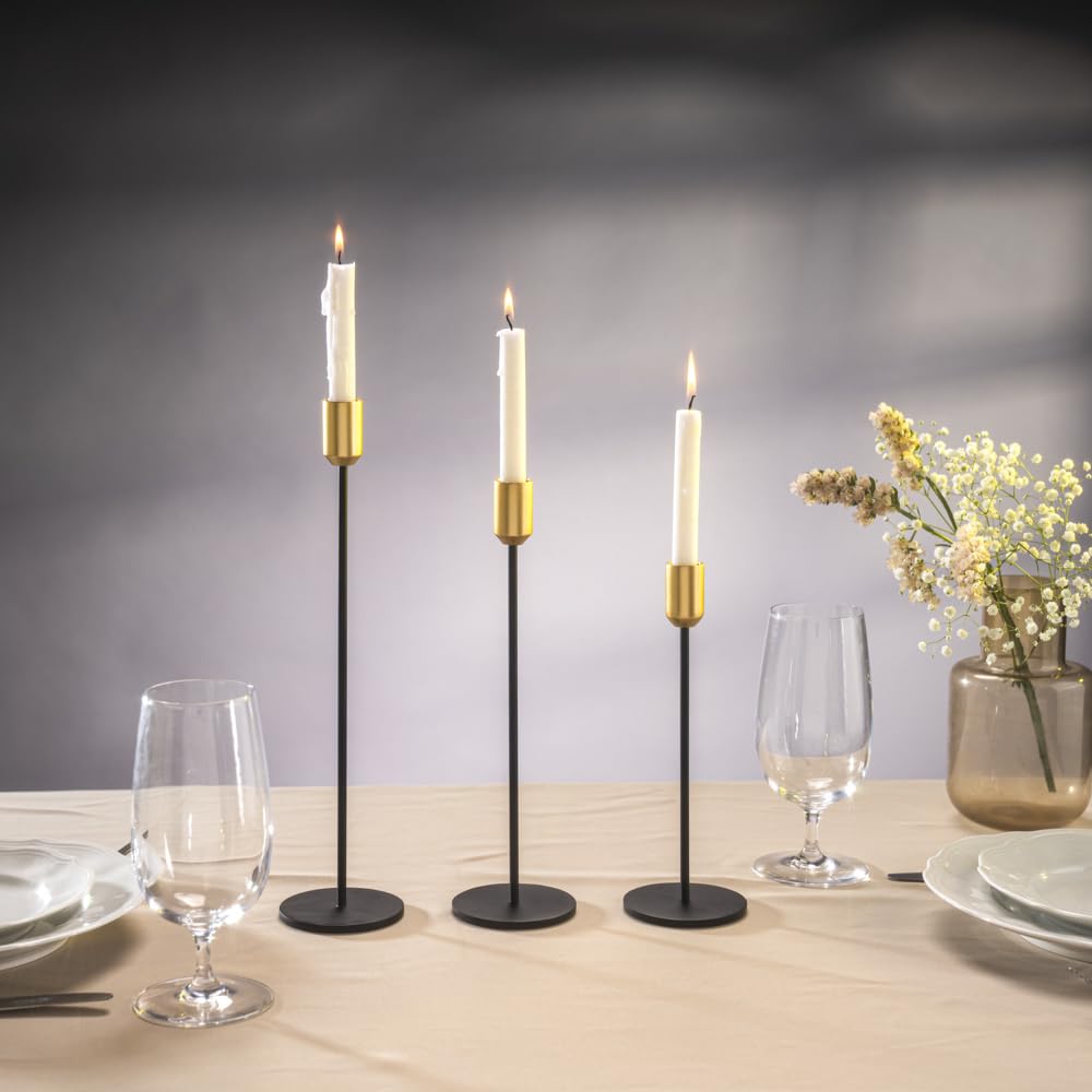 Yair Emanuel Set of 3 Black Tapered Modern Candlestick Holders Brushed Brass Cups - Fits 3/4 inch Candles - Elegant Home Decor Available in 3 Sizes